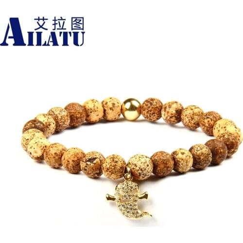 Ailatu Wholesale 10pcs/lot New Arrival Halloweens Gift 8mm Natural Brown Weathering Stone Beads Clear Cz Ghost Beaded Bracelet