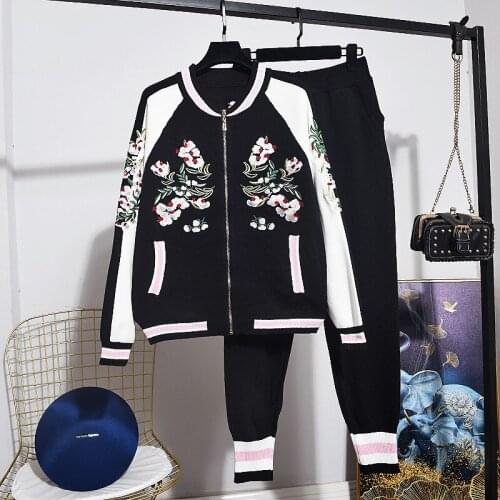 2020 Autumn New knit Baseball uniform Women Set Fashion Embroidery Tops+Casual Pants Ladies 2 Piece Outfit Female Winter