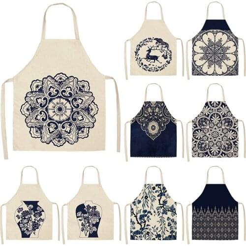 Blue Porcelain Mandala Kitchen Aprons For Women Cotton Linen Bibs Household Cleaning Pinafore Home Cooking Apron 53*65cm WQL0113