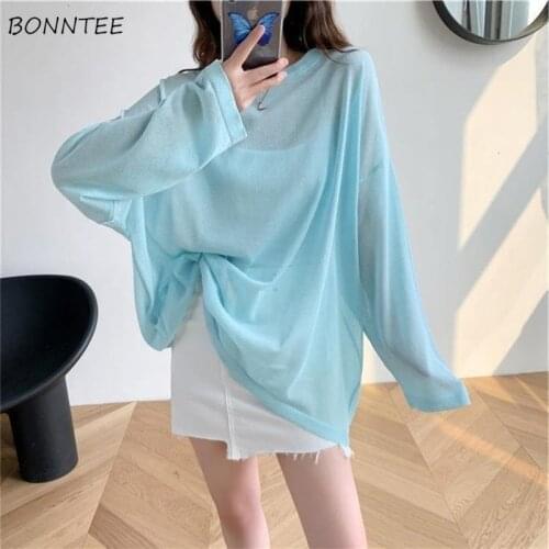 T-shirts Women Sun-protection Summer Oversize Thin Long Sleeve Tops Solid Loose Leisure Simple Lady Retro Streetwear Fashion Tee
