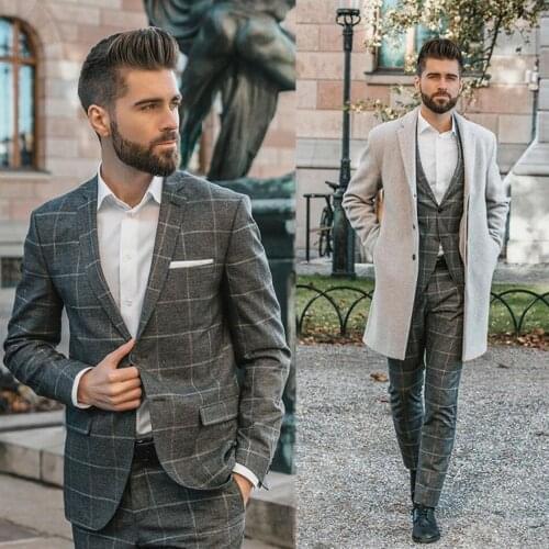 2020 New Handsome Check Groom Wedding Suits Evening Party Prom Custom Made Slim Fit (Jacket+Pants) Best Man Tuxedos