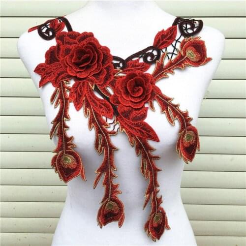 Red Color 3d flowers water-soluble Embroidered lace fabric trim sewing DIY collar neckline applique crafts garment accessories