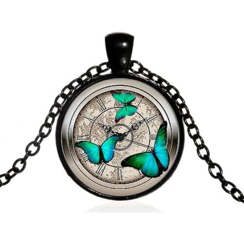 Fashion Elegant Clock Dial Butterfly Round Glass Pendent Necklace for Women Men Girls Kids Neck Collar Jewelry Gift Wholesale