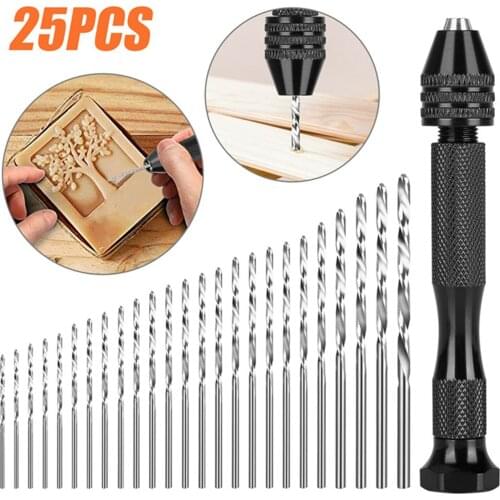 26Pcs Hand Drill Bits Set Aluminum Alloy Hand Drill + 25Pcs High-speed Steel Twist Drill Bits Small Manual Chuck Pin Vise