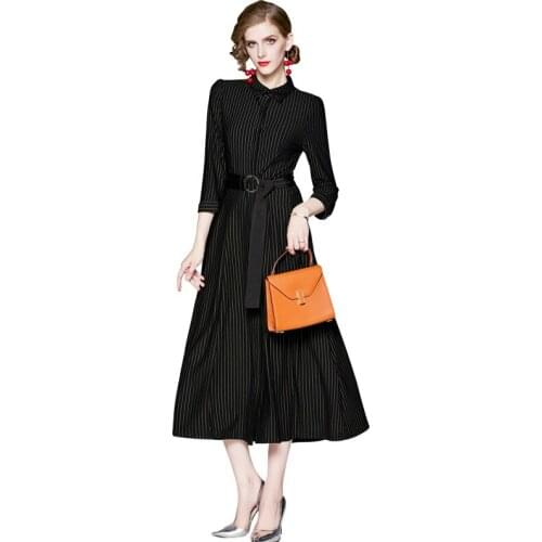 2020 New Europe Brand Designer Runway Dress Women Three Quarter Black Fringe Dress Ladies Solid Casual Dress Women Elegant Robe