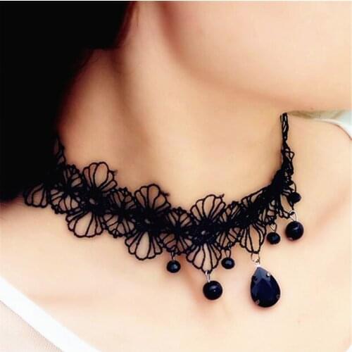 Hot Sale Women Water Drop Pendant Short Flowers Lace Adjustable Black Neck Choker Necklace for Women