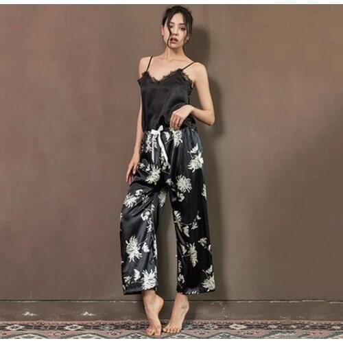 Womens Pajamas Set Sexy Sleepwear Home Clothes Suit Print Nightwear Underwear Ladies Sling Top Pants Pyjamas Floral Pijamas