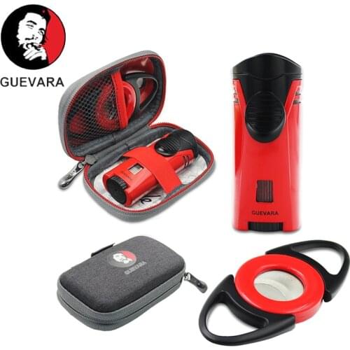 Guevera Stainless Steel Cigar Cutter Lighter Windproof 1 Jet Flame Butane Cigar Cigarette Case Accessories for Gift Box