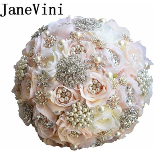 JaneVini Luxurious Bridal Bouquets For Wedding With Pearls Beaded Silk Flower Rose Bride Accessory Bouquet De Mariage Artificiel