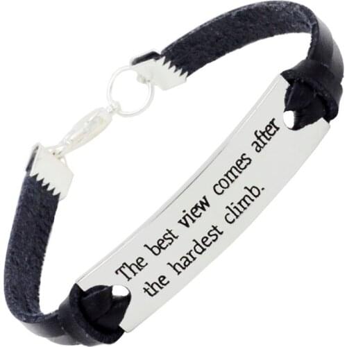 The Best View Comes After The Hardest Climb Genuine Leather Inspirational Bracelets With High Polished Engraved Bracelet For Men
