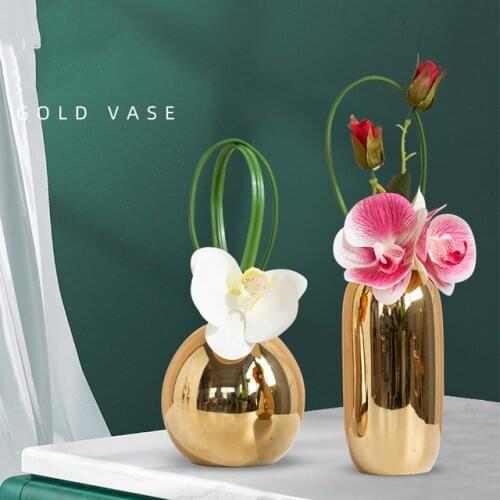 Nordic Luxury Electroplating Golden Ceramic Vase Fake Flower Arrangement Home Livingroom Desktop Accessories Decoration Crafts