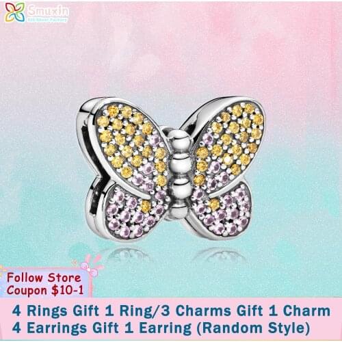 Smuxin 925 Sterling Silver Bead Pave Butterfly Clip Charm fit Original Pandora Bracelets for Women Jewelry Making Girl Gift