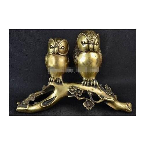 Old Handwork Copper Carving Pair Couples Owl Sitting On The Stump Statue wedding Brass Fine Arts Crafts decoration