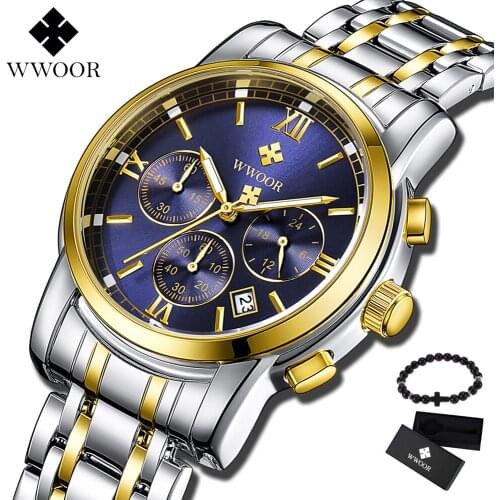 WWOOR Luxury Luminous Watches Men Waterproof Stainless Steel Analogue Wristwatch Chronograph Date Quartz Watch Montre Homme tool