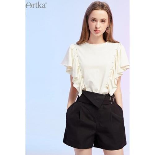 ARTKA 2021 Summer New Women T-shirt 100% Cotton Fashion Casual O-Neck T-shirts Rivet Ruffles Short Sleeve Loose T-shirt TA22310X