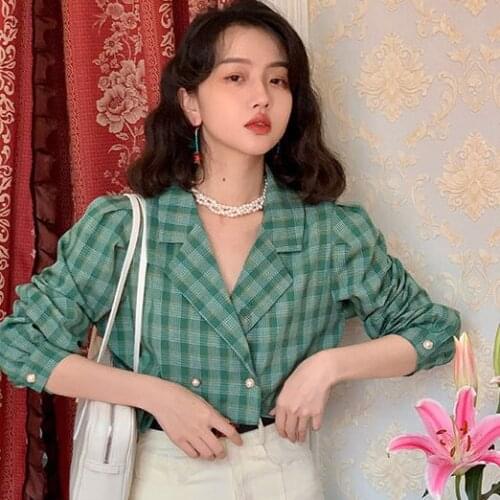 Retro 2021 womens spring new bubble sleeve plaid shirt jacket elegant slim suit collar shirt Spring/Autumn Casual Plaid