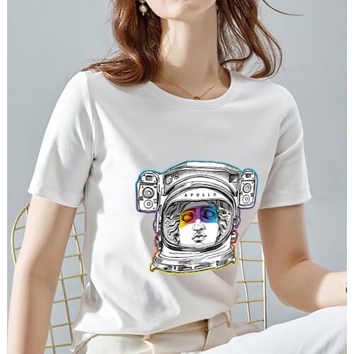 Womens Fashion T-shirt Slim All-match Round Neck Summer Commuter Astronaut Print Pattern Series Ladies Round Neck White T-shirt