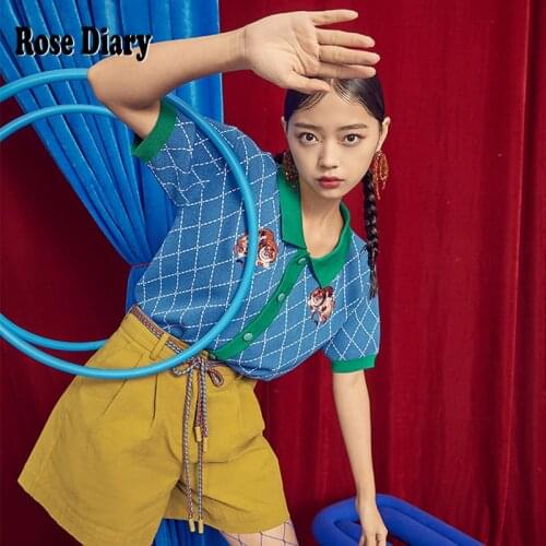 RoseDiary Women Flowers Pattern Knitted Sweater Jumper Short Sleeve Turn Down Collar Female Pullovers Chic Tiger Knitted Tops