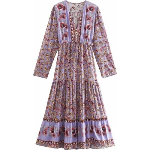 YENKYE Holiday Autumn Dress Women Vintage Floral Print Boho Long Dress Female V Neck Drawstring Waist A-line Casual Vestido