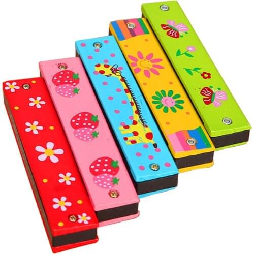 1pcs Wooden Cartoon 16 Holes Double Row Harmonica Children Wooden Puzzle Musical Instrument Music Toys