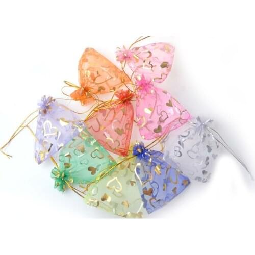 100pcs/lot 7x9cm Small Organza Bags Golden Hearts Design Gift Pouches Wedding Party Decoration Candy Jewelry Packaging Bags