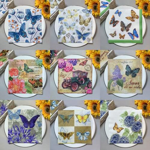 20Pcs/Pack Butterfly Flower Decoupage Paper Napkins Vintage Paper Tissues for Party Tableware Wedding Xmas Festival Supplies