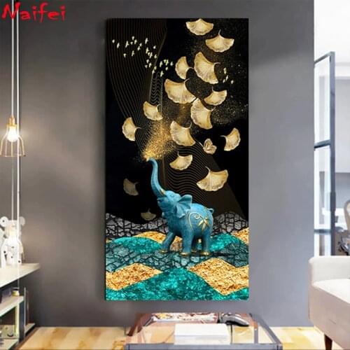 Large Size Golden Ginkgo Leaf Elephant diy 5d diamond painting full square round diamond embroidery kits Get Rich Mosaic Art
