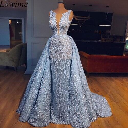 Arabic Two Pieces Illusion Evening Dresses Mermaid Sequin Sleeveless Prom Part Gowns With Detachable Train Long Abendkleider