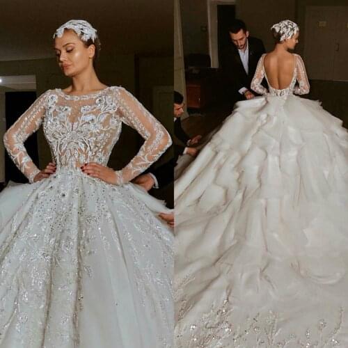 Ball Gown Wedding Dresses Plus Size Scoop Lace Long Sleeve Bridal Wedding Gowns 2021 Backless Vestido de noiva