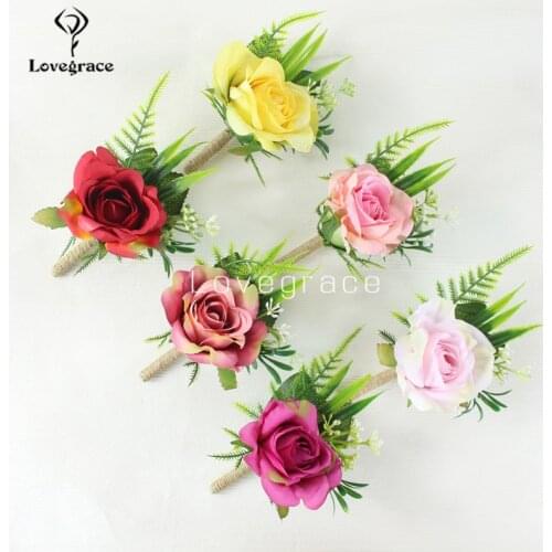 Red Silk Rose Corsages Bracelet Prom Bride Groom Wedding Corsage and Boutonniere Marriage Sister Wristband Flower Men Buttonhole