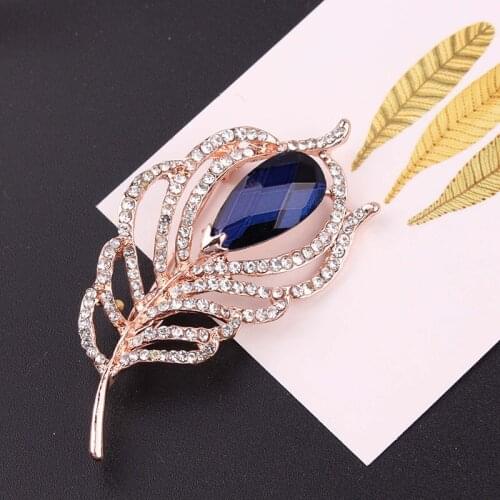 TODOX Brooch NEW Fashion blue glass crystal feather exquisite plant Rhinestone pins garment accessory party wedding gift for man