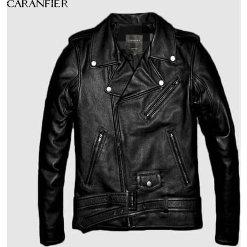 CARANFIER 100% Top Natural Cowhide Tanned Leather Jacket Black Soft Mens Motocycle Jackets Motor Clothing Biker Coat S-XXXXL