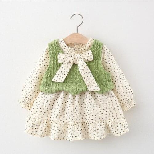 Baby girls Clothes for spring baby floral dress knitted vest toddler girls one year birthday princess party tutu dresses dress