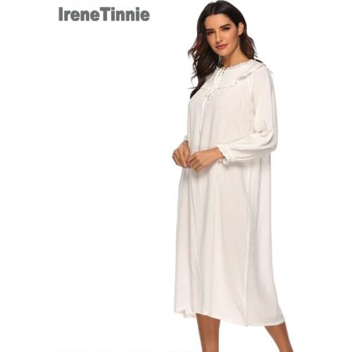 Irene Tinnie Spring Autumn Nightgown Women Solid Color Sleep Dress Loose Casual Cute Homewear Long Sleeve Soft Nightdress