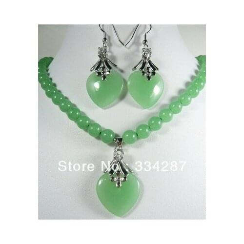 Fine jewelry 8mm green silver-color red purple jades necklace 17 inch +heart love jades earring pendant
