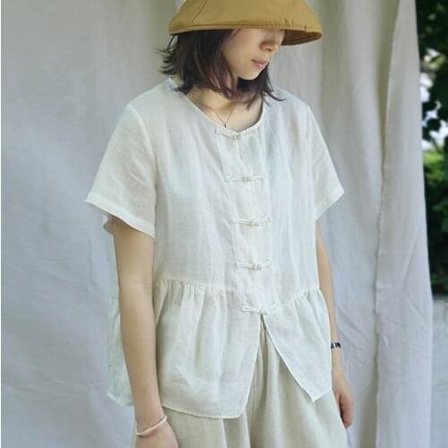 Johnature Women Vintage Cotton Ramie Shirts And Blouses 2021 Summer New Original O-Neck Short Sleeve Tops Chinese Style Shirts