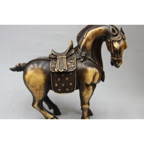 823+++++11"Chinese Fengshui Bronze Zodiac Year Tang War Horse Successful Statue sculptur