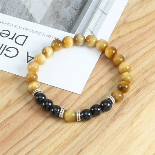 Classic Natural Stone Bracelets Men 8mm Tiger Eye Black Bright Light Beaded Elastic Fashion Bracelet Charm Women Bangles Jewelry