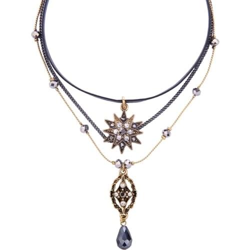 Bulk Price Unique Brand Jewelry Black Leather Choker Necklace Crystal Flower Tear-drop Pendant Antique 3 layers Necklace Vintage