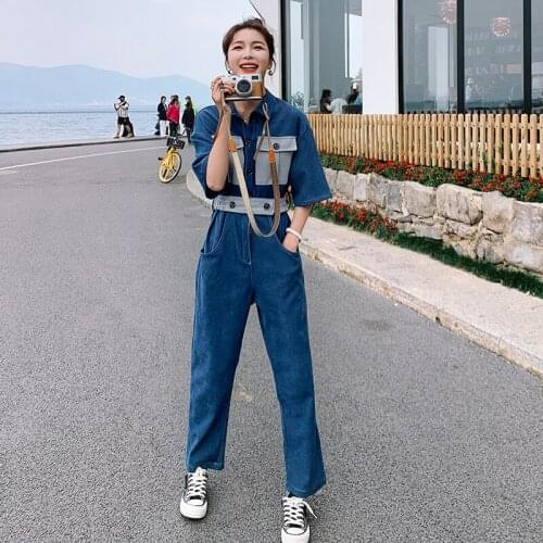 Summer Fashion Splice Short Sleeve High Waist Blue Jumpsuit Overalls Female Elegant Slim Casual Straight One Piece Pants Sets