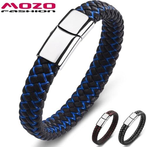 Hot Sale Men Black Leather Fashion Stainless Steel Bracelets & Bangles Unisex Punk Blue Charm Jewelry Gift