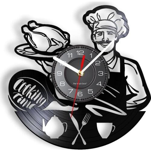 Head Chef Cooking Time Vinyl LP Record Wall Clock Kitchen Accessories Dinning Room Resturant Artwork Decor Vintage Chef Watch