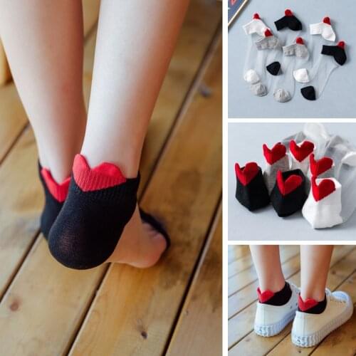 5 Pairs Women Funny Summer Black Transparent Female Ankle Lovely Red Heart Cute Girls Students Comfortable Casual Short Socks
