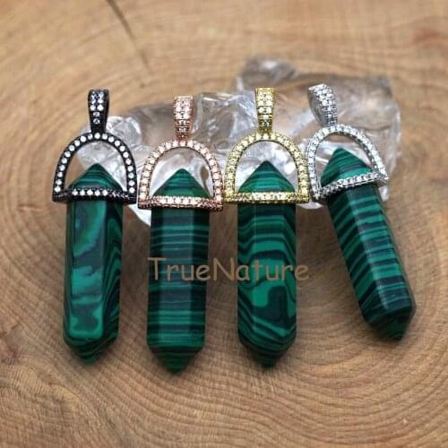 Amazing Malachite Chrysocolla Stone Necklace Pendant Double Terminate Hexagon Point Pendant Single Bail In 45*10 mm PM7424