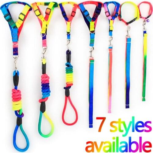 Adjustable Colorful Nylon Leash Collar Harness Puppy Pet Cat Accessories Breakaway Rainbow Dog Leash Lead Belt Basic Collars