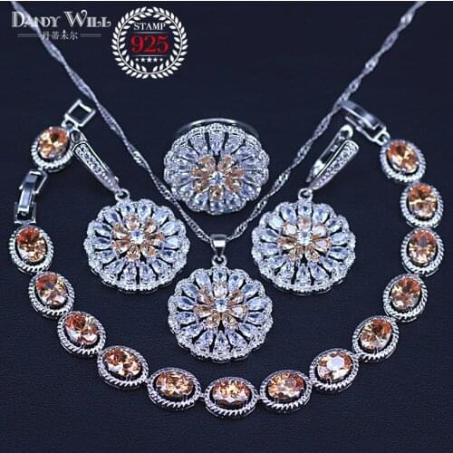 Romantic Valentines Day gift Silver Color jewelry sets champgane cubic zirconia 4PCS Bracelets Earring ring pendant
