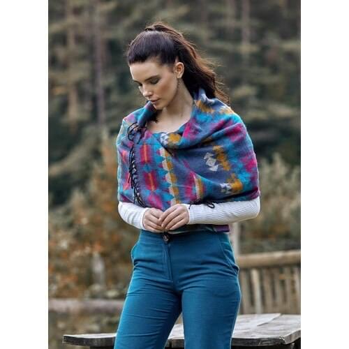 Ethnic Pattern Shawl Blue Standard Fringed Scarf Shawl Women Original Design Scarf For Girls Autumn Winter Thick Warm
