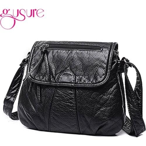 Gusure Soft PU Washed Leather Handbags Women Shoulder Bags Black Solid Color Messenger Bag Crossbody Postman Package
