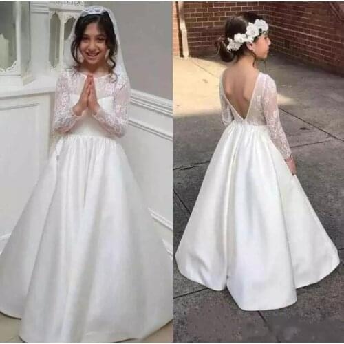 A-Line White/Ivory Flower Girls Dresses for Wedding Long Sleeves Lace Satin Girls Pageant Party Gown First Communion Dress