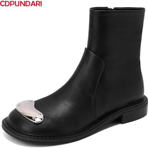 Ladies Black White Genuine Leather Low Heels Ankle Boots For Women Autumn Winter Punk Chelsea Short Boots Shoes Bottines Femme